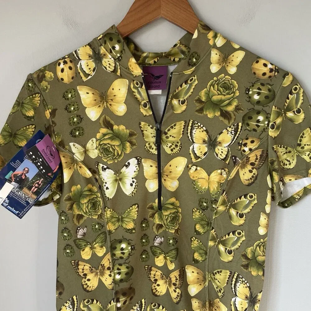 Koulius Zaard Vtg. Cycling Jersey Top Butterfly Print Green USA Made Size Medium